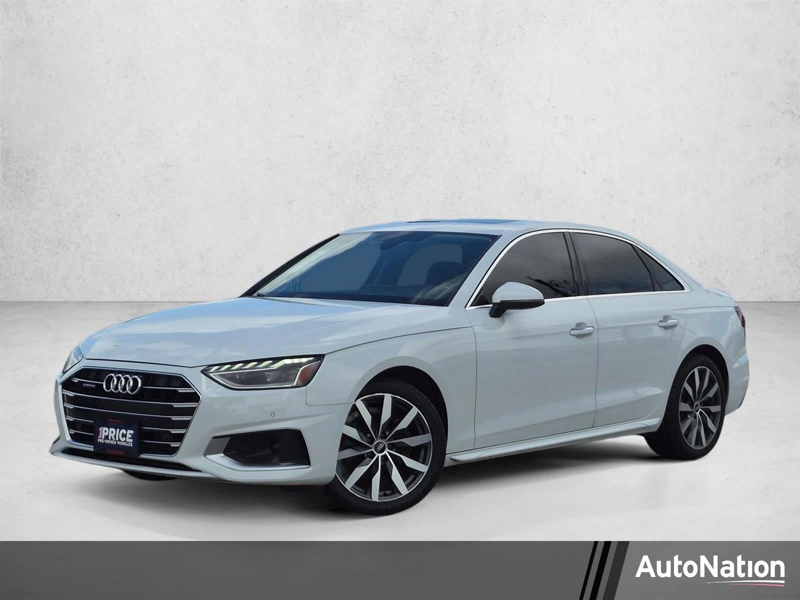 2021 Audi A4 Sedan Premium Plus 40 TFSI quattro in Ibis White — front three-quarter view